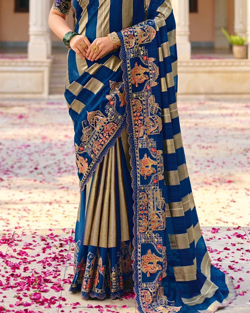 Vishal Prints Royal Blue Designer Fancy Chiffon Saree With Embroidery-Diamond Work And Cut Work Border
