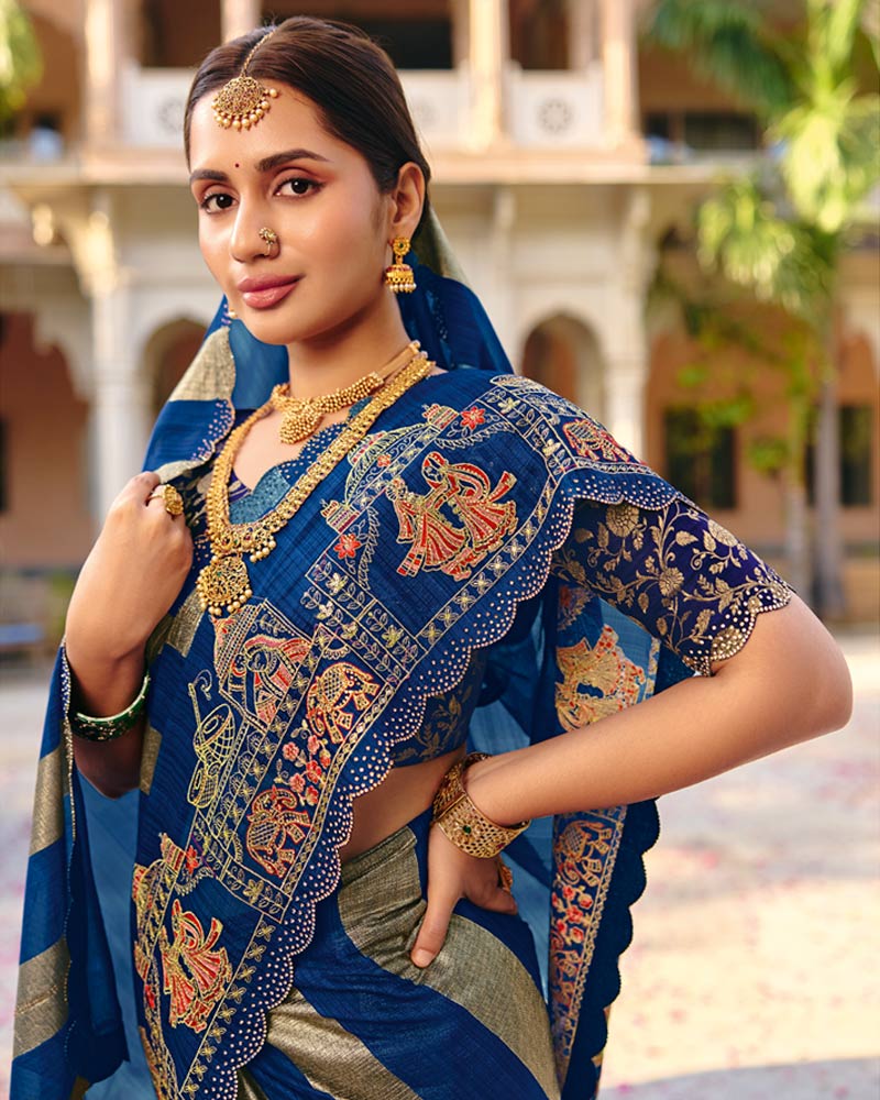 Vishal Prints Royal Blue Designer Fancy Chiffon Saree With Embroidery-Diamond Work And Cut Work Border