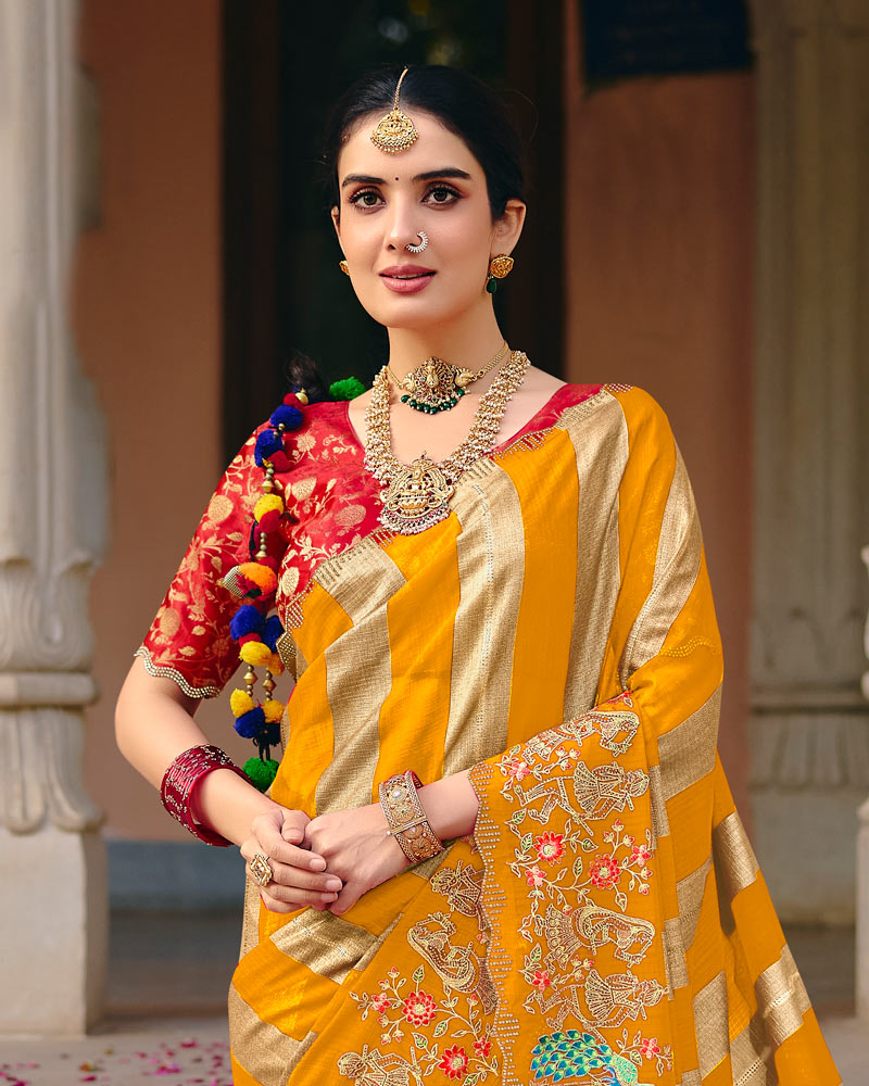 Vishal Prints Brownish Orange Designer Fancy Chiffon Traditional Print Saree With Foil Print And Embroidery Diamond Work