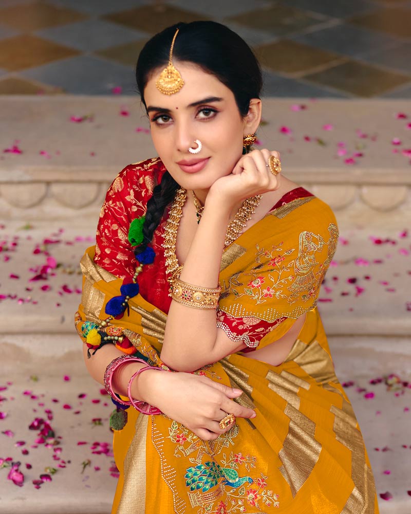 Vishal Prints Brownish Orange Designer Fancy Chiffon Traditional Print Saree With Foil Print And Embroidery Diamond Work