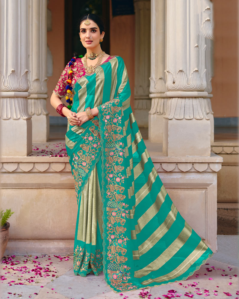 Vishal Prints Teal Green Designer Fancy Chiffon Traditional Print Saree With Foil Print And Embroidery Diamond Work