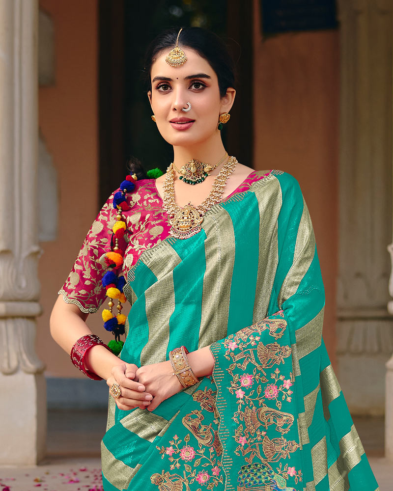 Vishal Prints Teal Green Designer Fancy Chiffon Traditional Print Saree With Foil Print And Embroidery Diamond Work