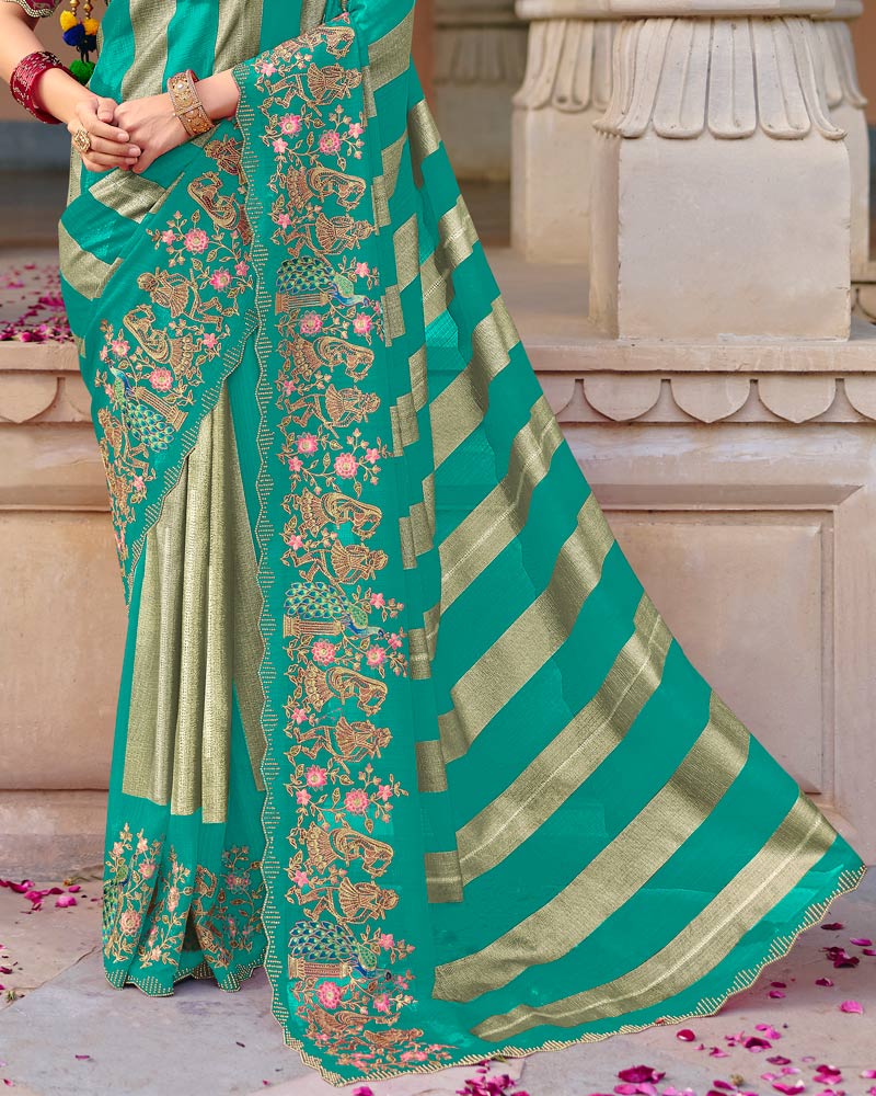 Vishal Prints Teal Green Designer Fancy Chiffon Traditional Print Saree With Foil Print And Embroidery Diamond Work