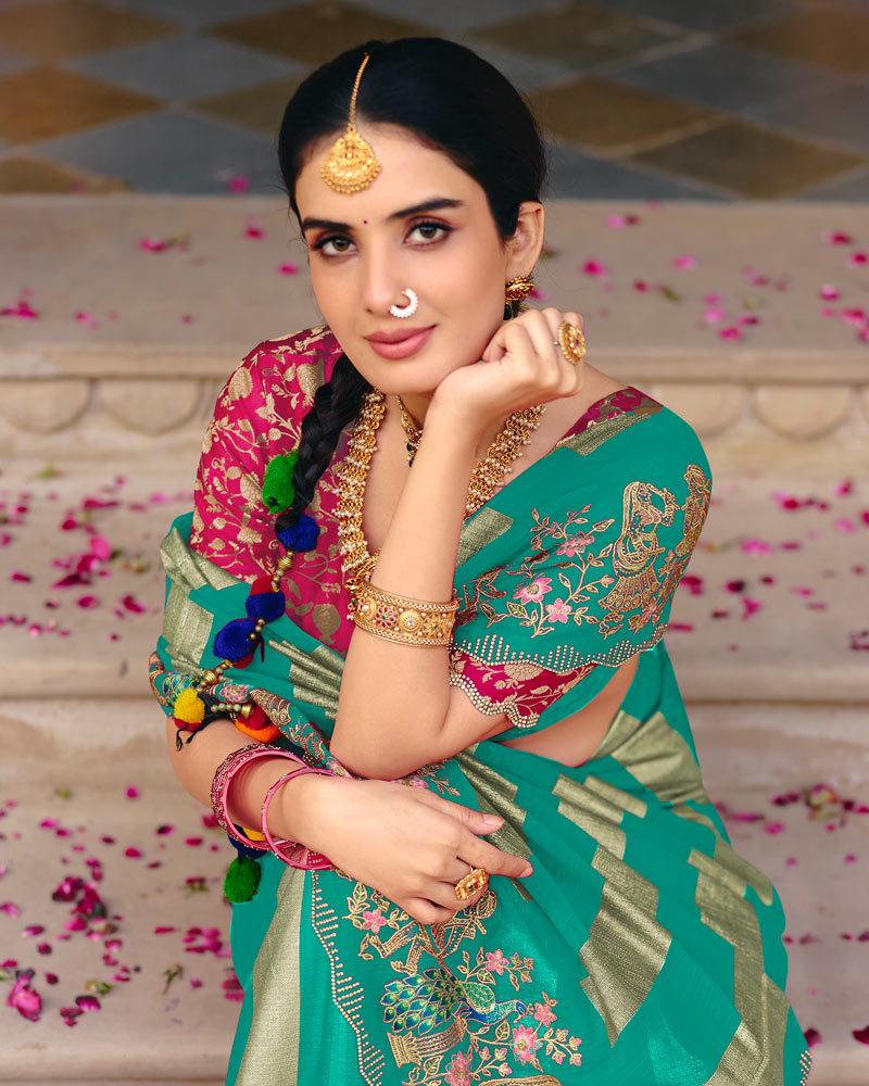 Vishal Prints Teal Green Designer Fancy Chiffon Traditional Print Saree With Foil Print And Embroidery Diamond Work