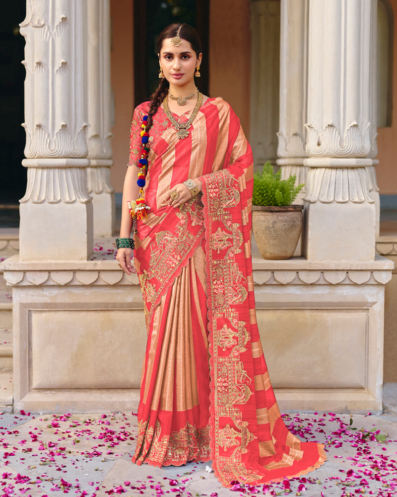 Vishal Prints Pastel Red Designer Fancy Chiffon Traditional Print Saree With Foil Print And Embroidery Diamond Work