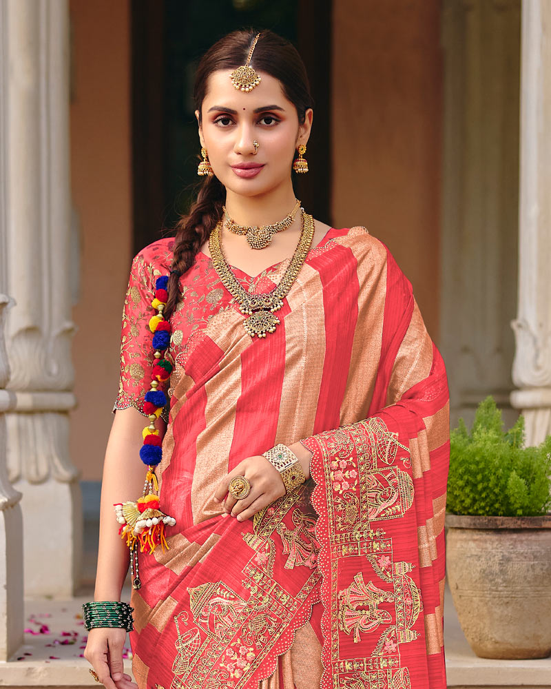 Vishal Prints Pastel Red Designer Fancy Chiffon Traditional Print Saree With Foil Print And Embroidery Diamond Work
