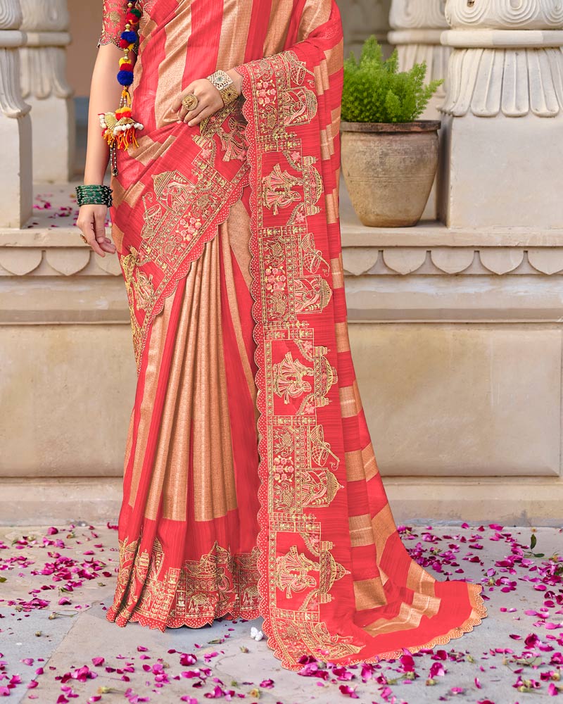 Vishal Prints Pastel Red Designer Fancy Chiffon Traditional Print Saree With Foil Print And Embroidery Diamond Work