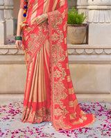 Vishal Prints Pastel Red Designer Fancy Chiffon Traditional Print Saree With Foil Print And Embroidery Diamond Work
