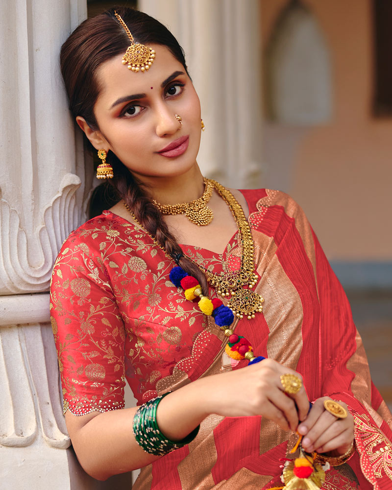 Vishal Prints Pastel Red Designer Fancy Chiffon Traditional Print Saree With Foil Print And Embroidery Diamond Work
