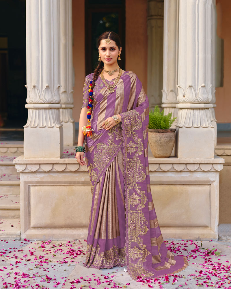 Vishal Prints Dusty Purple Designer Fancy Chiffon Traditional Print Saree With Foil Print And Embroidery Diamond Work