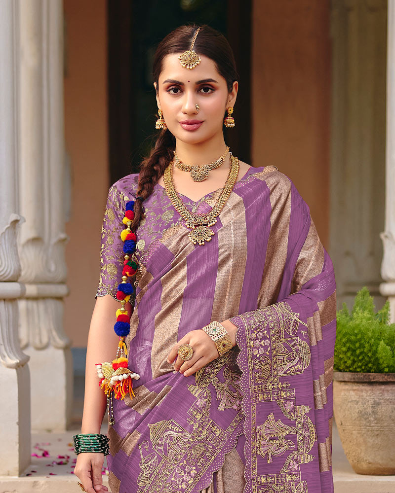 Vishal Prints Dusty Purple Designer Fancy Chiffon Traditional Print Saree With Foil Print And Embroidery Diamond Work