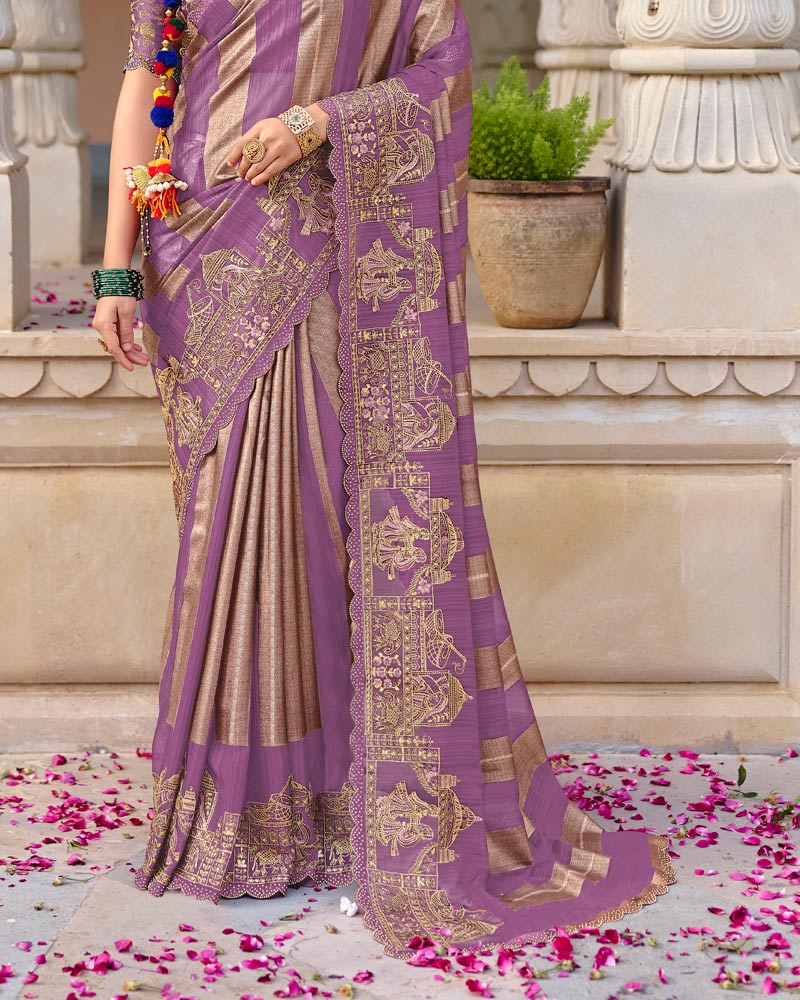 Vishal Prints Dusty Purple Designer Fancy Chiffon Traditional Print Saree With Foil Print And Embroidery Diamond Work