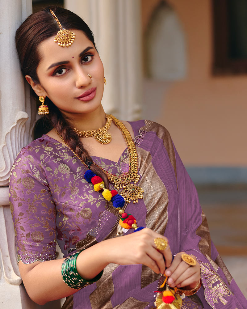 Vishal Prints Dusty Purple Designer Fancy Chiffon Traditional Print Saree With Foil Print And Embroidery Diamond Work