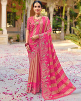 Vishal Prints French Rose Pink Designer Fancy Chiffon Traditional Print Saree With Foil Print And Embroidery Diamond Work