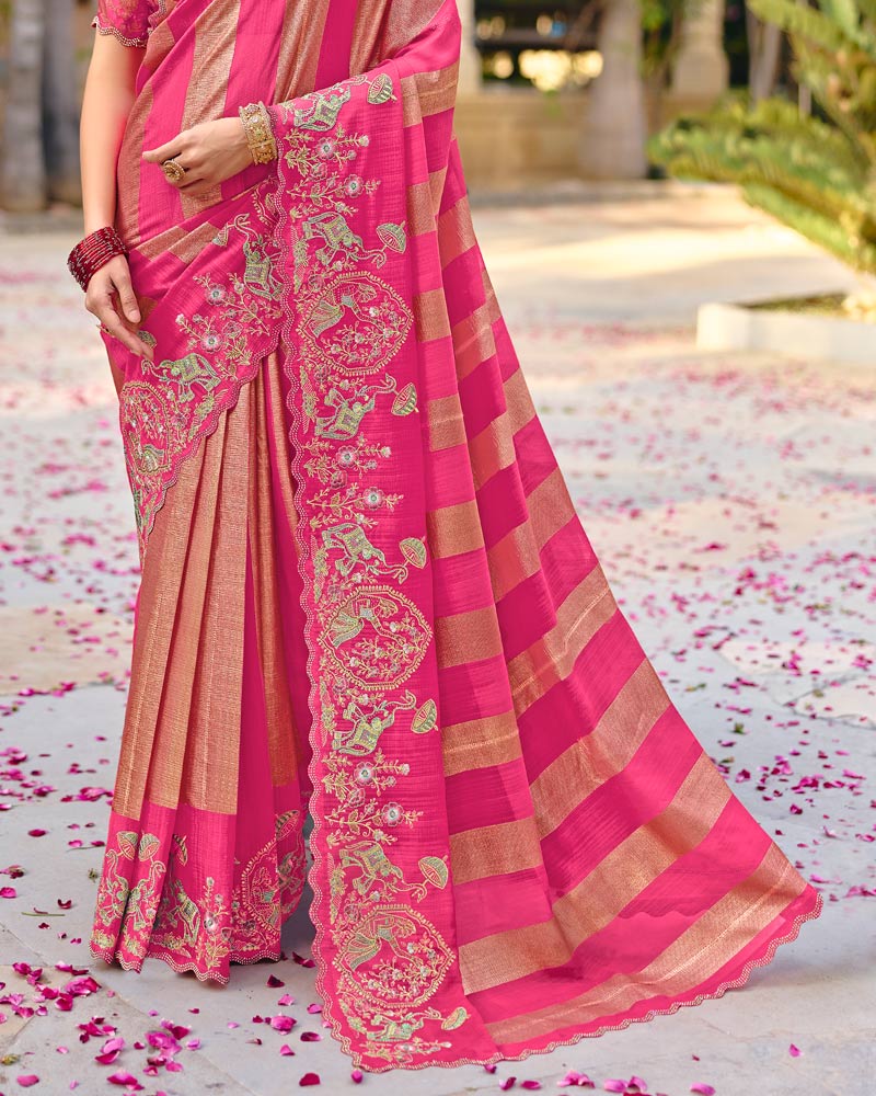 Vishal Prints French Rose Pink Designer Fancy Chiffon Traditional Print Saree With Foil Print And Embroidery Diamond Work