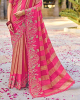 Vishal Prints French Rose Pink Designer Fancy Chiffon Traditional Print Saree With Foil Print And Embroidery Diamond Work