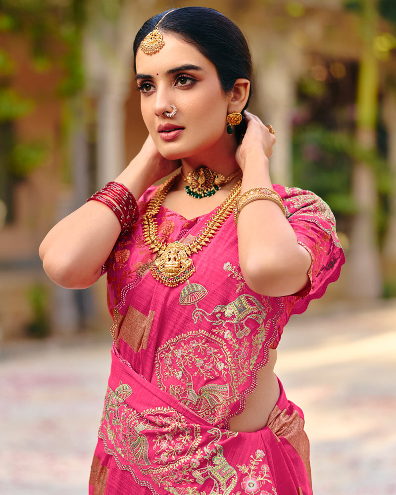 Vishal Prints French Rose Pink Designer Fancy Chiffon Traditional Print Saree With Foil Print And Embroidery Diamond Work