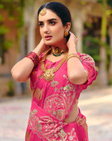 Vishal Prints French Rose Pink Designer Fancy Chiffon Traditional Print Saree With Foil Print And Embroidery Diamond Work