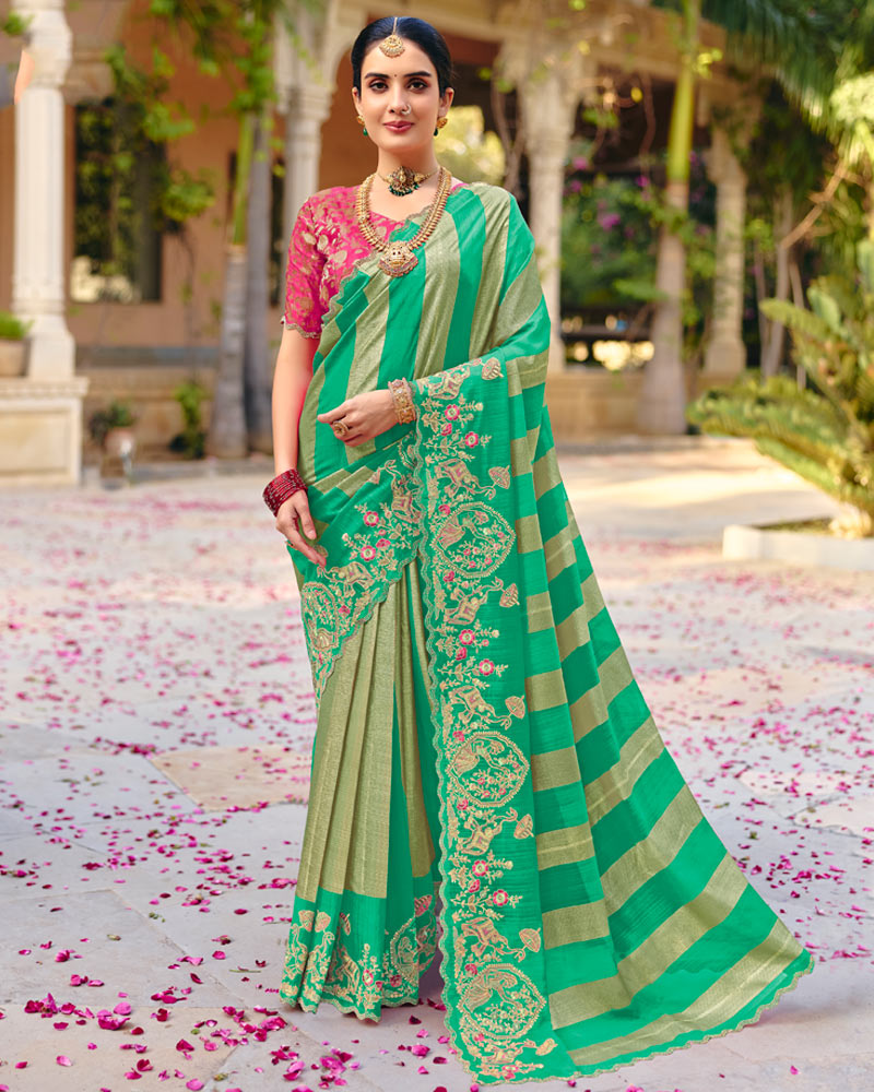 Vishal Prints Persian Green Designer Fancy Chiffon Traditional Print Saree With Foil Print And Embroidery Diamond Work