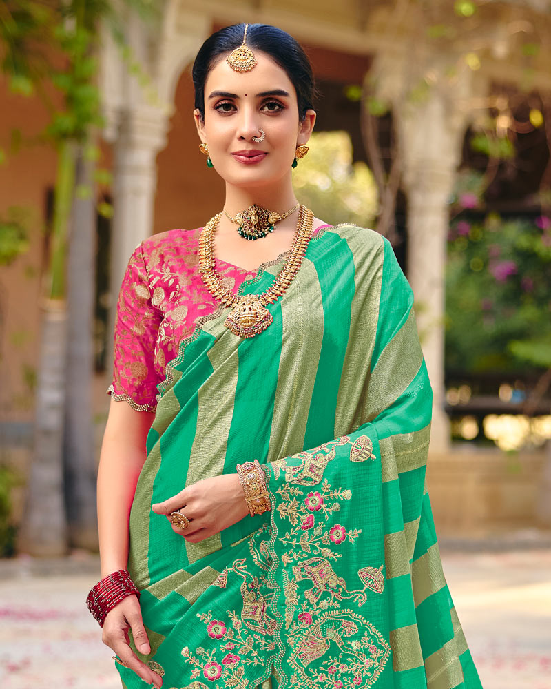 Vishal Prints Persian Green Designer Fancy Chiffon Traditional Print Saree With Foil Print And Embroidery Diamond Work