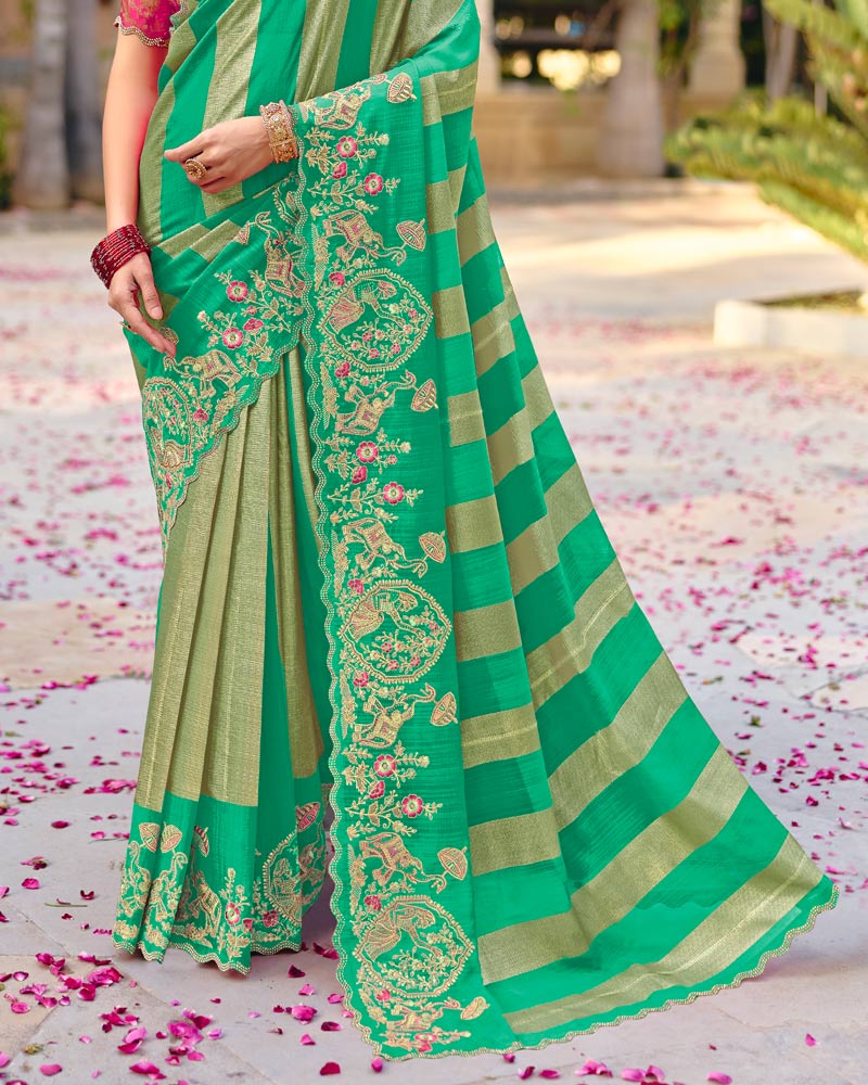 Vishal Prints Persian Green Designer Fancy Chiffon Traditional Print Saree With Foil Print And Embroidery Diamond Work