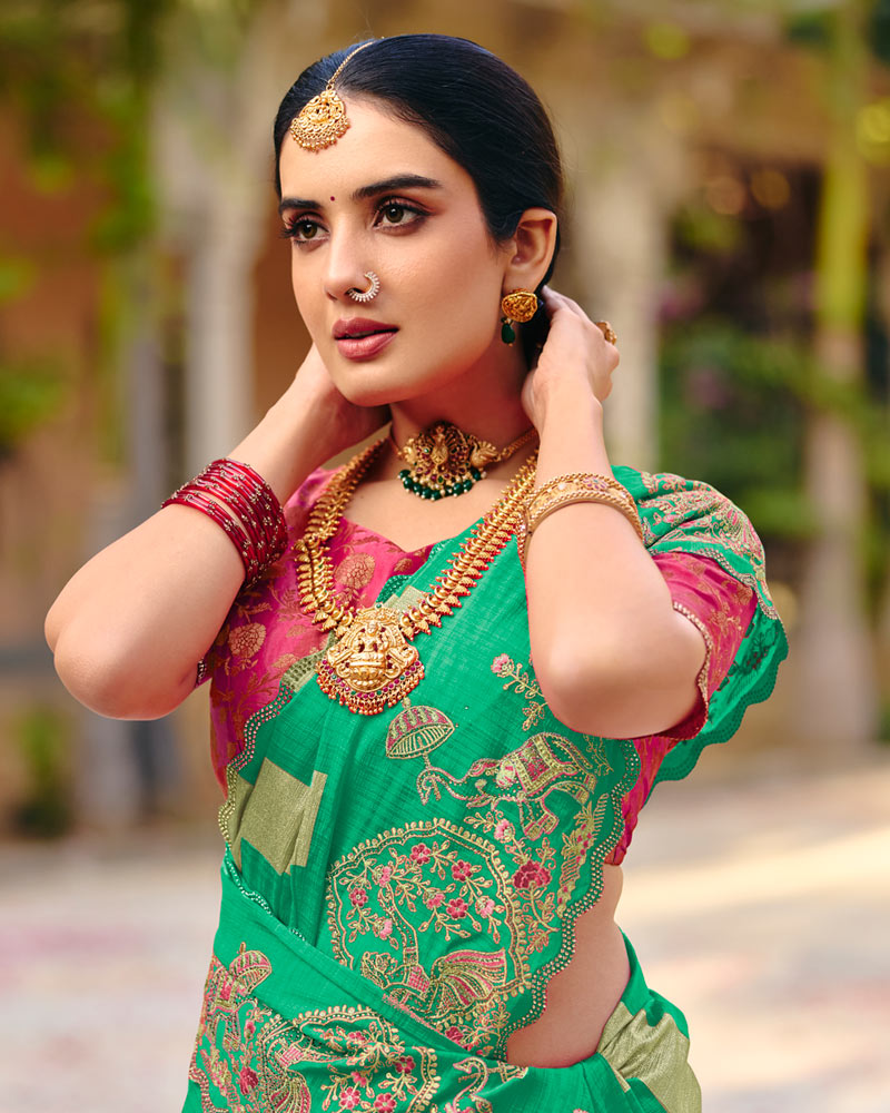 Vishal Prints Persian Green Designer Fancy Chiffon Traditional Print Saree With Foil Print And Embroidery Diamond Work