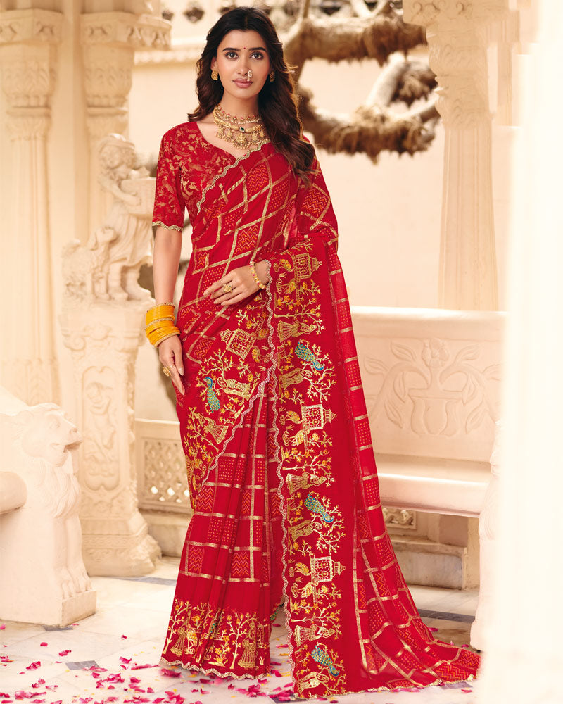 Vishal Prints Bright Red Designer Fancy Chiffon Saree With Foil Print-Embroidery-Diamond Work And Cut Work Border