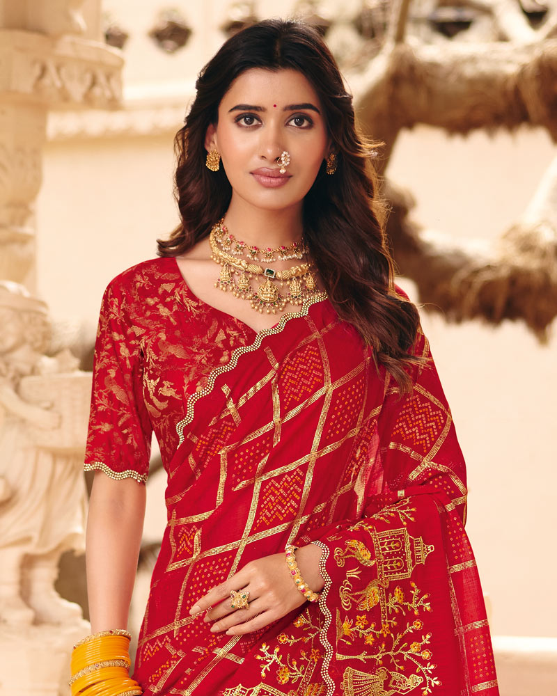 Vishal Prints Bright Red Designer Fancy Chiffon Saree With Foil Print-Embroidery-Diamond Work And Cut Work Border
