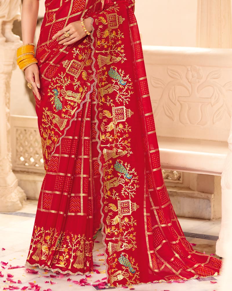 Vishal Prints Bright Red Designer Fancy Chiffon Saree With Foil Print-Embroidery-Diamond Work And Cut Work Border