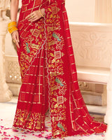 Vishal Prints Bright Red Designer Fancy Chiffon Saree With Foil Print-Embroidery-Diamond Work And Cut Work Border