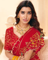 Vishal Prints Bright Red Designer Fancy Chiffon Saree With Foil Print-Embroidery-Diamond Work And Cut Work Border