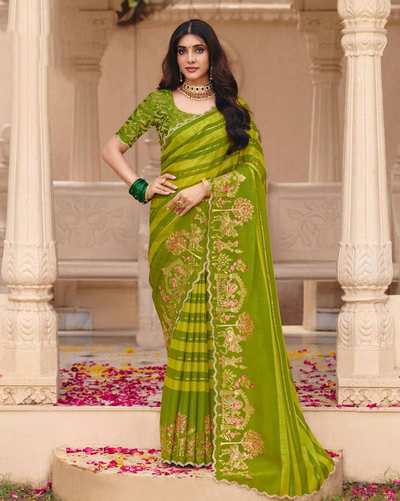 Vishal Prints Parrot Green Designer Fancy Chiffon Saree With Foil Print-Embroidery-Diamond Work And Cut Work Border