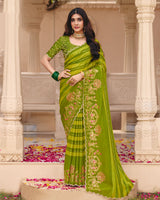 Vishal Prints Parrot Green Designer Fancy Chiffon Saree With Foil Print-Embroidery-Diamond Work And Cut Work Border