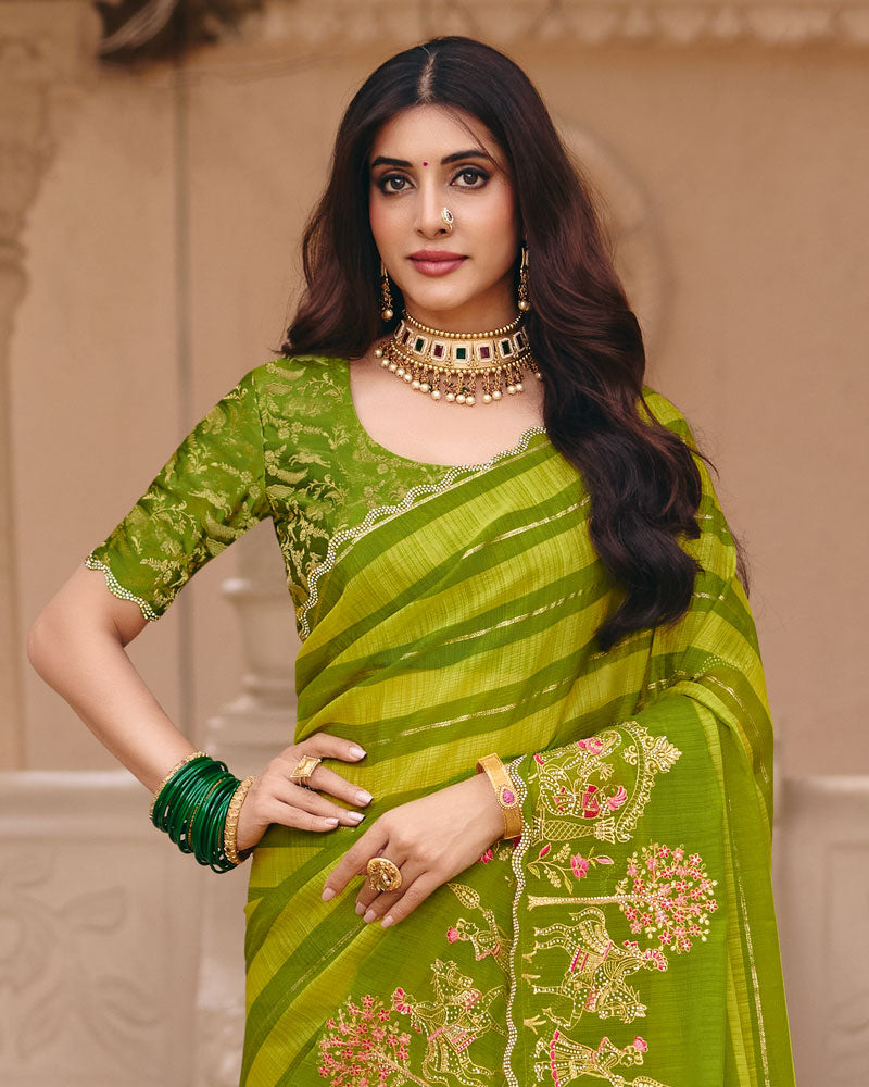 Vishal Prints Parrot Green Designer Fancy Chiffon Saree With Foil Print-Embroidery-Diamond Work And Cut Work Border