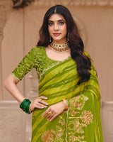Vishal Prints Parrot Green Designer Fancy Chiffon Saree With Foil Print-Embroidery-Diamond Work And Cut Work Border