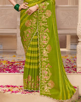 Vishal Prints Parrot Green Designer Fancy Chiffon Saree With Foil Print-Embroidery-Diamond Work And Cut Work Border
