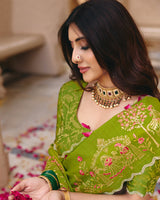 Vishal Prints Parrot Green Designer Fancy Chiffon Saree With Foil Print-Embroidery-Diamond Work And Cut Work Border