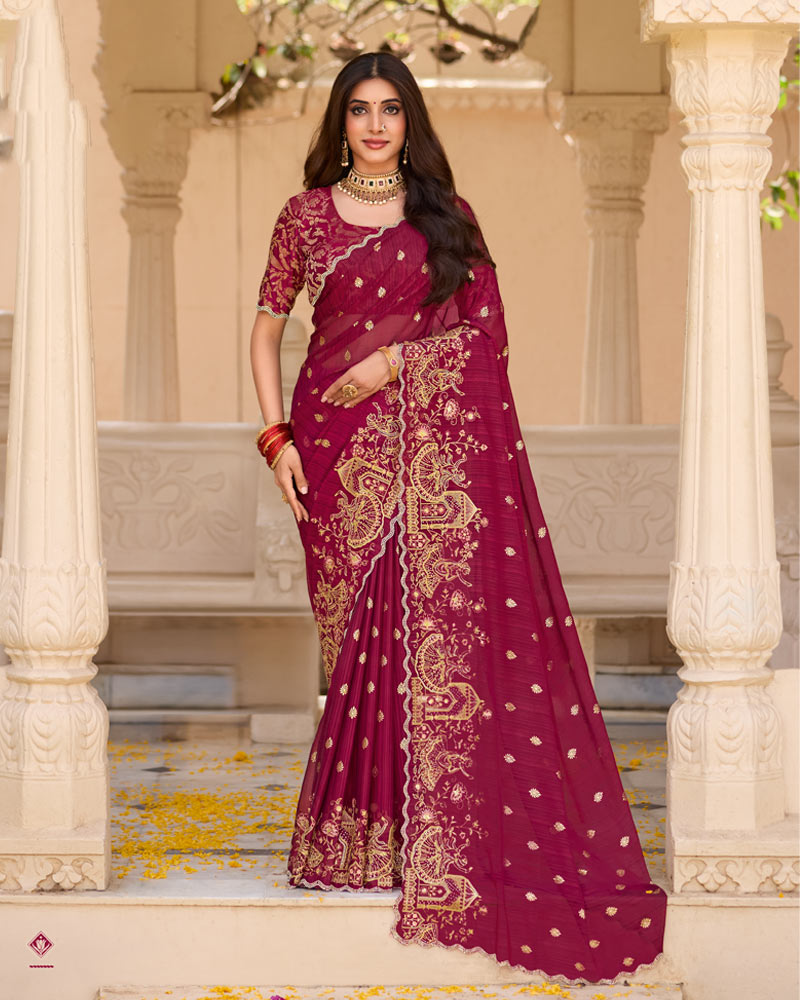 Vishal Prints Wine Designer Fancy Chiffon Saree With Foil Print-Embroidery-Diamond Work And Cut Work Border