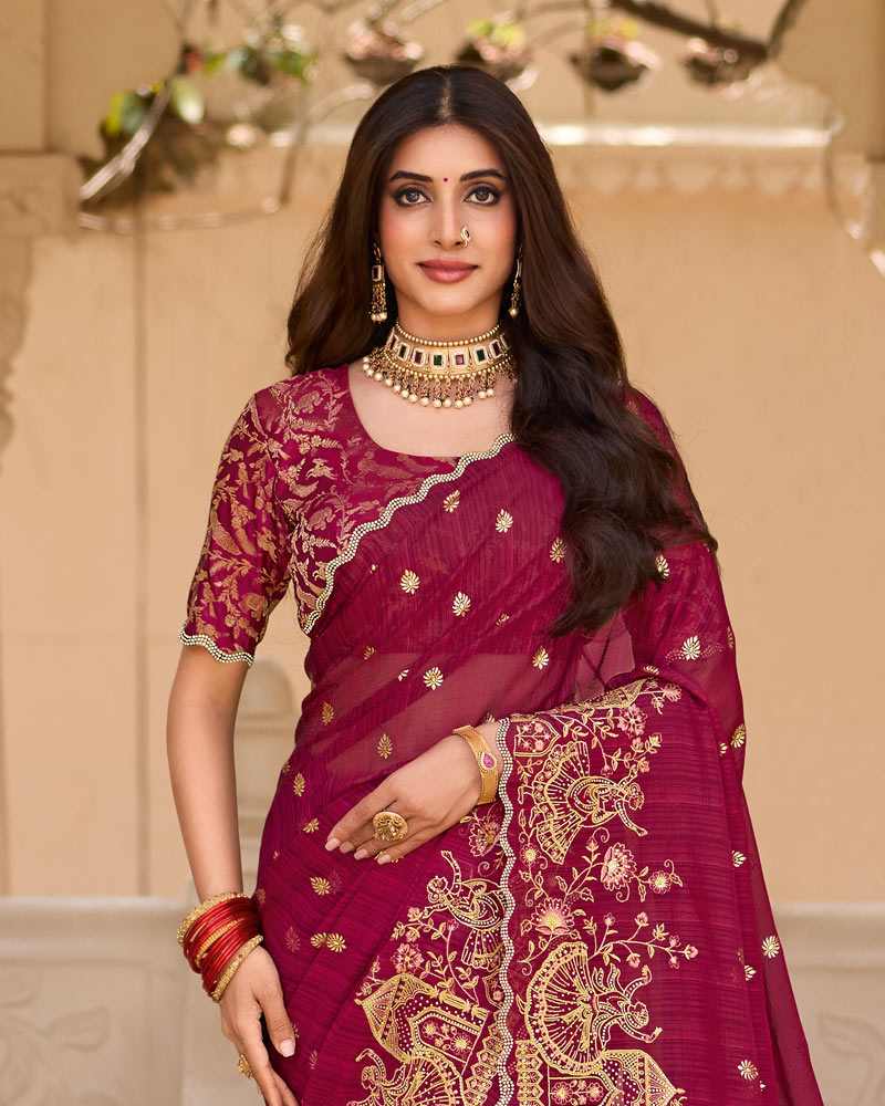 Vishal Prints Wine Designer Fancy Chiffon Saree With Foil Print-Embroidery-Diamond Work And Cut Work Border