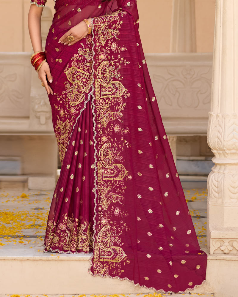 Vishal Prints Wine Designer Fancy Chiffon Saree With Foil Print-Embroidery-Diamond Work And Cut Work Border