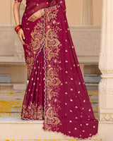 Vishal Prints Wine Designer Fancy Chiffon Saree With Foil Print-Embroidery-Diamond Work And Cut Work Border