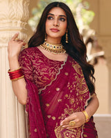 Vishal Prints Wine Designer Fancy Chiffon Saree With Foil Print-Embroidery-Diamond Work And Cut Work Border