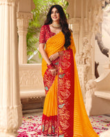 Vishal Prints Bright Yellow Designer Fancy Chiffon Saree With Foil Print-Embroidery-Diamond Work And Cut Work Border