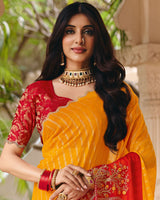Vishal Prints Bright Yellow Designer Fancy Chiffon Saree With Foil Print-Embroidery-Diamond Work And Cut Work Border