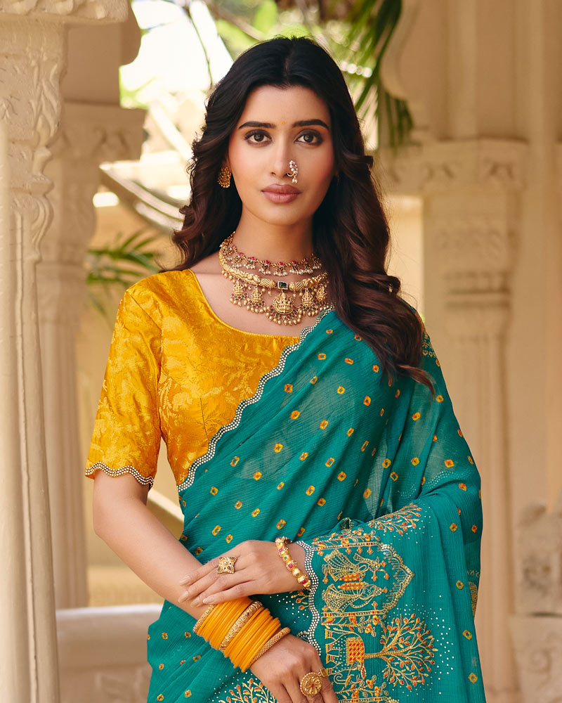 Vishal Prints Sky Blue Designer Fancy Chiffon Saree With Foil Print-Embroidery-Diamond Work And Cut Work Border
