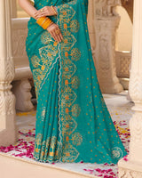 Vishal Prints Sky Blue Designer Fancy Chiffon Saree With Foil Print-Embroidery-Diamond Work And Cut Work Border