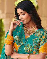 Vishal Prints Sky Blue Designer Fancy Chiffon Saree With Foil Print-Embroidery-Diamond Work And Cut Work Border