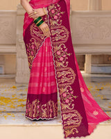 Vishal Prints Dark Pink Designer Fancy Chiffon Saree With Foil Print-Embroidery-Diamond Work And Cut Work Border