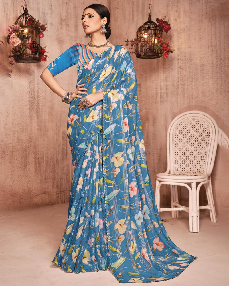 Vishal Prints Pastel Blue Fancy Chiffon Digital Print Saree