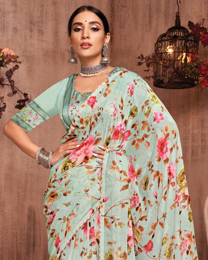 Vishal Prints Mist Green Fancy Chiffon Digital Print Saree